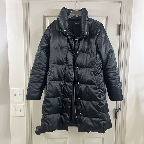 Lands' End Women M 10-12 Black Satin Down Puffer Jacket Knee Length Full Zip EUC - Picture 2 of 16